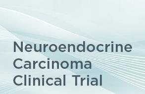 Text: "Neuroendocrine carcinoma clinical trial" on blue patterned background.